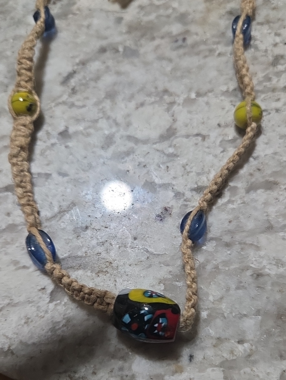 Handmade Beige Hemp Necklace with Multicolor Glass Beads